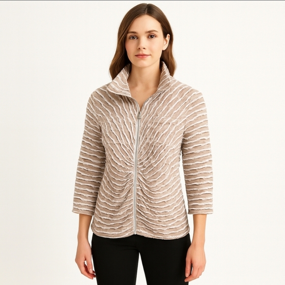 Joseph Ribkoff Tan And White Mesh & Silky Knit Trapeze Jacket Sz 6